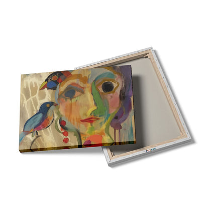 Canvas Schilderij Details Kunstwerk van een Vrouw met Vogels op haar Hoofd