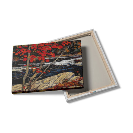 Canvas Schilderij Details Kunstwerk van een Rivier met Rode Bladeren