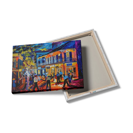 Canvas Schilderij Details Kunstwerk van Mensen die door een Straat Lopen in New Orleans