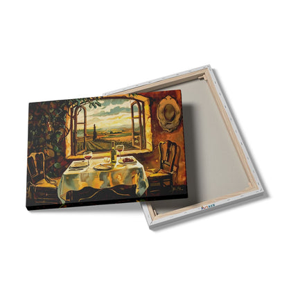 Canvas Schilderij Details Kunstwerk van een Tafel met Wijn en Uitzicht op Toscane