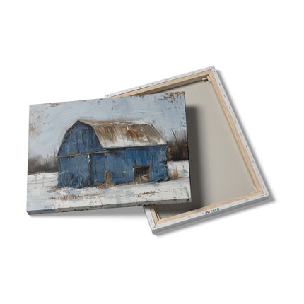 Canvas Schilderij Details Kunstwerk van een Blauwe Schuur in de Sneeuw