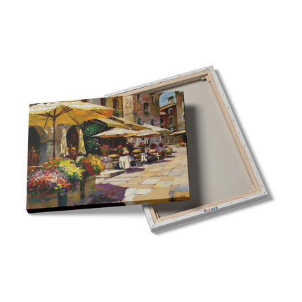 Canvas Schilderij Details Kunstwerk van een Straattafereel met Parasols en Bloemen