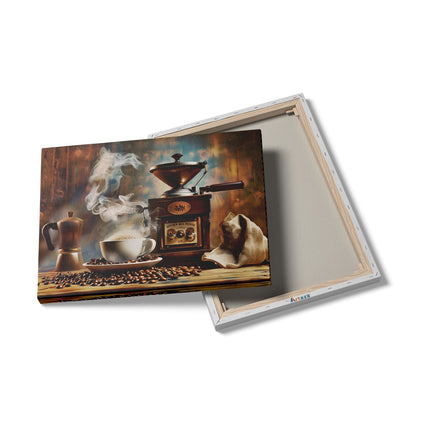 Canvas Schilderij Details Koffiemolen en een Kopje Koffie op een Tafel