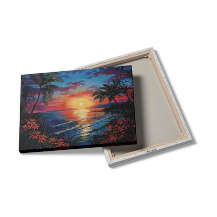 Canvas Schilderij Details Kunstwerk van een Tropische Zonsondergang met Palmbomen en Bloemen
