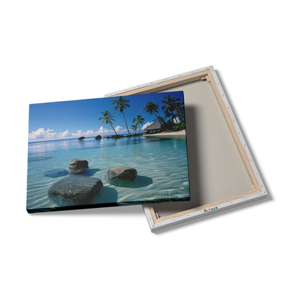 Canvas Schilderij Details Strand met Rotsen en Palmbomen