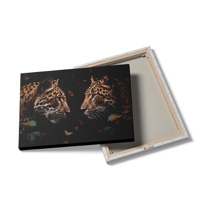 Canvas Schilderij Details Twee Luipaarden die Elkaar Aankijken