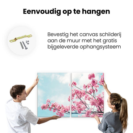 Canvas schilderij tweeluik ophangen Roze Bloesemboom - Bloemen