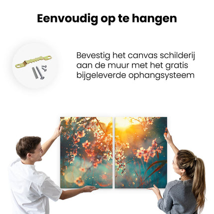 Canvas schilderij tweeluik ophangen Bloesemboom Tijdens Zonsondergang - Bloem