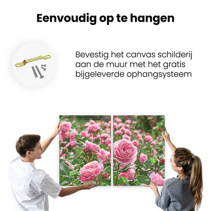 Canvas schilderij tweeluik ophangen Roze Rozen Bloemenveld