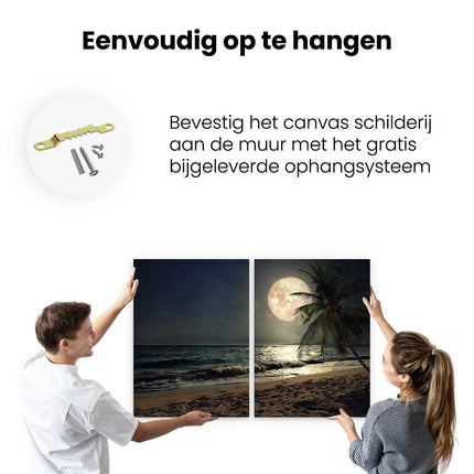 Canvas schilderij tweeluik ophangen Tropisch Strand In De Nacht Met Volle Maan