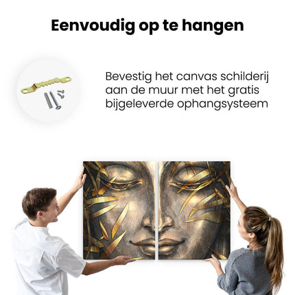 Canvas schilderij tweeluik ophangen Boeddha Beeld Met Gouden Bladeren