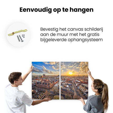 Canvas schilderij tweeluik ophangen Groningen Stad bij Zonsondergang