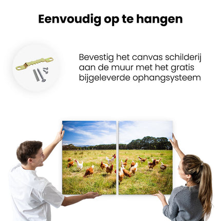 Canvas schilderij tweeluik ophangen Kippen in het Gras