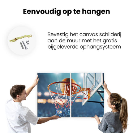 Canvas schilderij tweeluik ophangen Basketbal in Ring - Hoepel - Bord