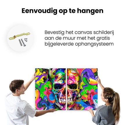 Canvas schilderij tweeluik ophangen Gekleurde Schedel - Doodskop - Doodshoofd