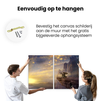 Canvas schilderij tweeluik ophangen Draak op een Rots bij Zonsondergang