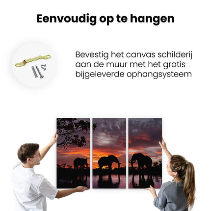 Drieluik schilderij ophangen Olifanten Tijdens Zonsondergang - Silhouet