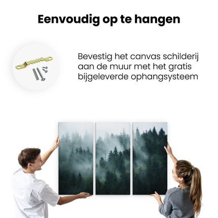 Drieluik schilderij ophangen Bos Met Bomen In De Mist