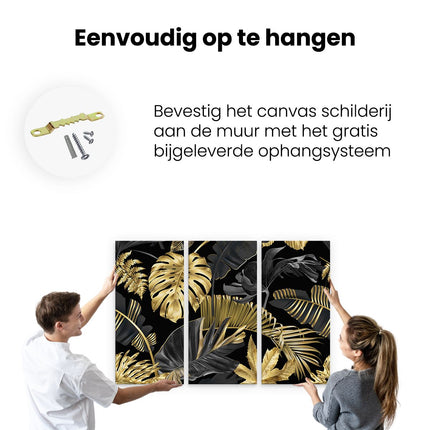 Drieluik schilderij ophangen Gouden Tropische Bladeren