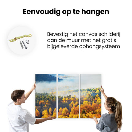 Drieluik schilderij ophangen Gekleurde Herfstbos Met Mist