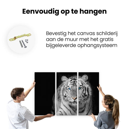 Drieluik schilderij ophangen Tijger Met Blauwe Ogen - Zwart Wit