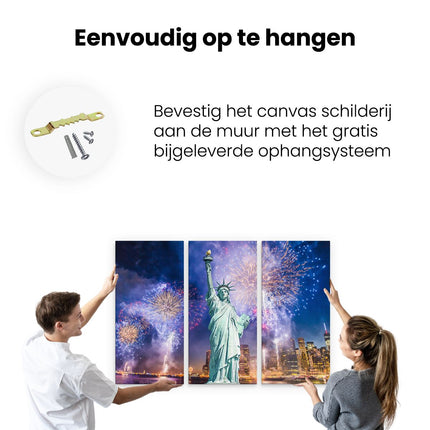 Drieluik schilderij ophangen Vrijheidsbeeld In New York Met Vuurwerk