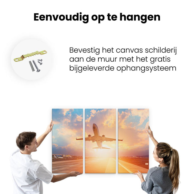 Drieluik schilderij ophangen Vliegtuig Stijgt Op Het Landingsbaan Met Zon