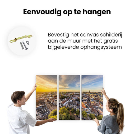 Drieluik schilderij ophangen Groningen Skyline Stad bij Zonsondergang