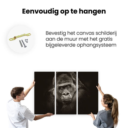 Drieluik schilderij ophangen Gorilla - Zwart Wit