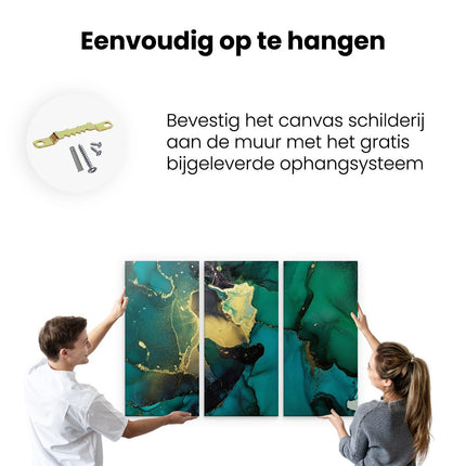 Drieluik schilderij ophangen Abstracte Kunst - Groen met Goud