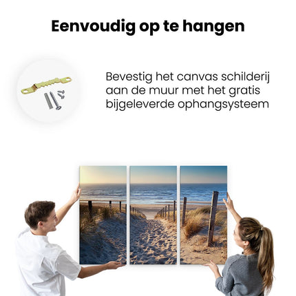 Drieluik schilderij ophangen Voetpad in de Duinen met Strand en Zee