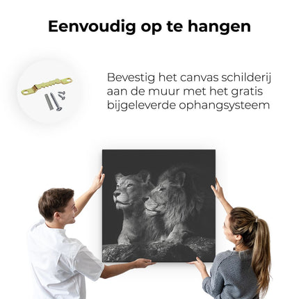 Canvas schilderij ophangen Leeuw En Leeuwin - Zwart Wit