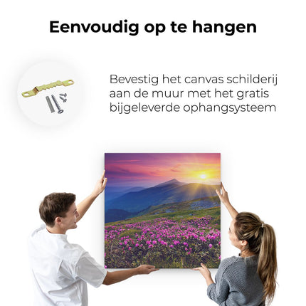 Canvas schilderij ophangen Roze Rhododendron Bloemenveld - Bergen