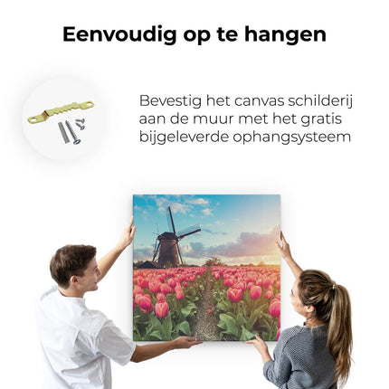 Canvas schilderij ophangen Roze Tulpen Bloemenveld - Met Windmolen