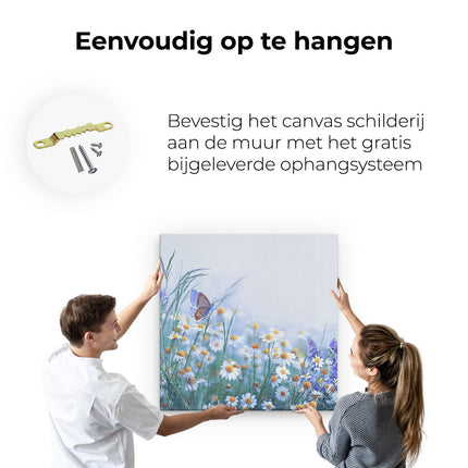 Canvas schilderij ophangen Witte Kamille Bloemen Met Een Vlinder