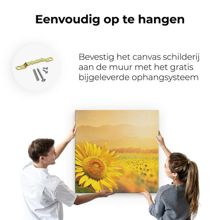 Canvas schilderij ophangen Zonnebloemen Veld Met Zonopkomst