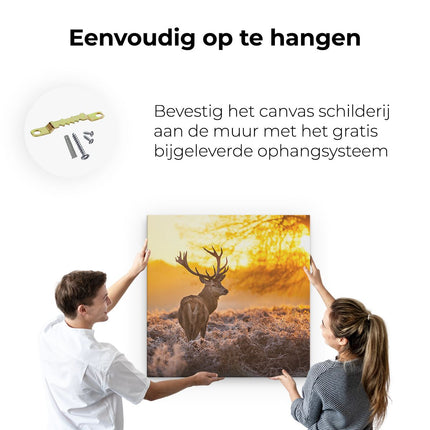 Canvas schilderij ophangen Hert In Bos Tijdens De Zonsopkomst