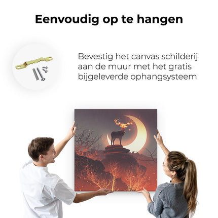 Canvas schilderij ophangen Hert Op Een Rots Tijdens Halve Maan