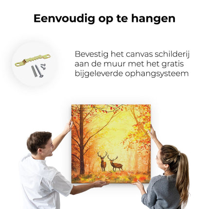 Canvas schilderij ophangen Getekende Herten In Het Bos - Herfst