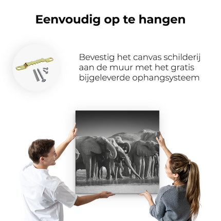 Canvas schilderij ophangen Groep Olifanten Bij Het Water - Zwart Wit