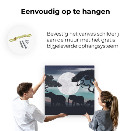 Canvas schilderij ophangen Olifanten Silhouet Tijdens Volle Maan