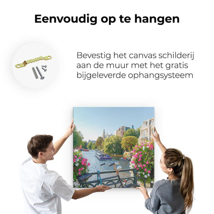 Canvas schilderij ophangen Amsterdamse Kanaal Met Bloemen