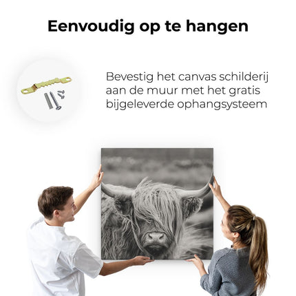 Canvas schilderij ophangen Schotse Hooglander Koe - Zwart Wit