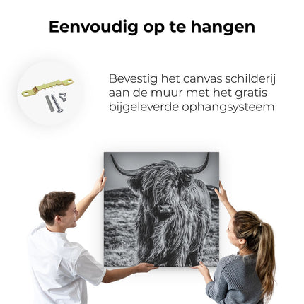 Canvas schilderij ophangen Schotse Hooglander Koe - Zwart Wit