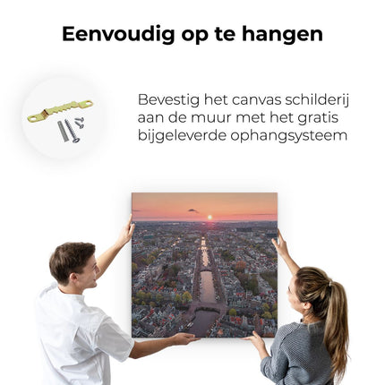 Canvas schilderij ophangen Bovenaanzicht Amsterdam Met Zonsondergang