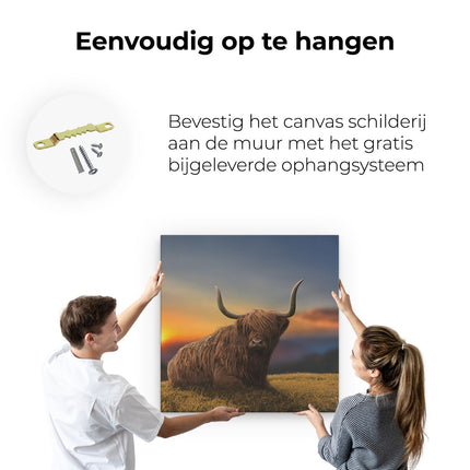 Canvas schilderij ophangen Schotse Hooglander Koe Op Een Heuvel