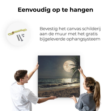 Canvas schilderij ophangen Tropisch Strand In De Nacht Met Volle Maan