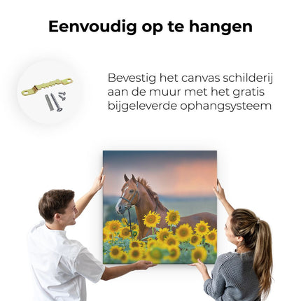 Canvas schilderij ophangen Bruin Paard Tussen De Zonnebloemen