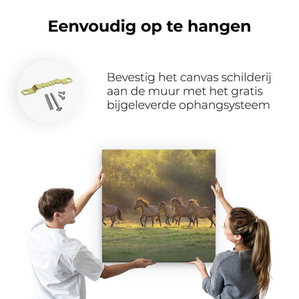 Canvas schilderij ophangen Kudde Bruine Paarden In De Wei