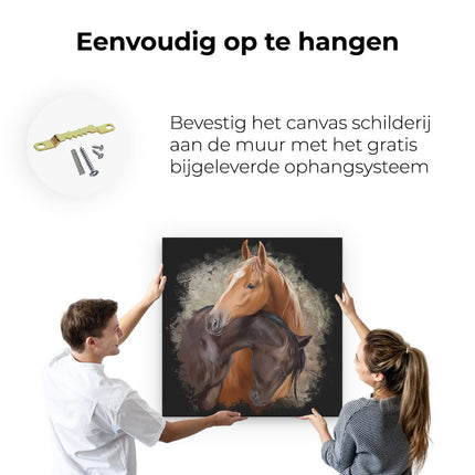 Canvas schilderij ophangen Twee Getekende Knuffelende Paarden - Abstract